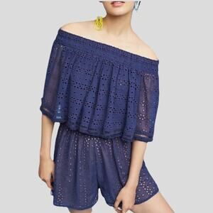 Anthropologie Ranna Gill Tiered Eyelet Romper Womens Size XS Navy Boho Festivial